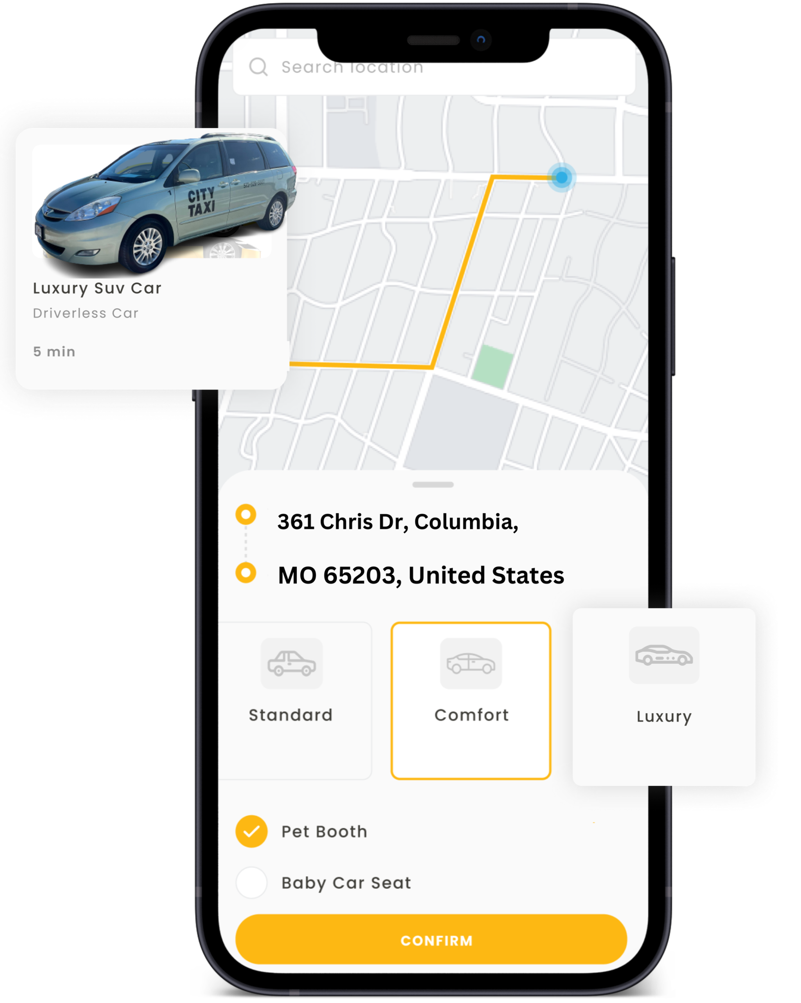City Taxi booking app showing a ride in Columbia, MO