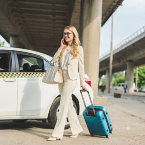 Passenger talking on the phone next to a City Taxi